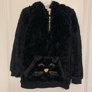Juicy Couture Girls Hoodie Black Faux Fur Gold ZipUp - Front Kitty Pocket Pouch.